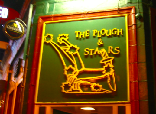 The Plough & Stars exterior — green sign with gold lettering
